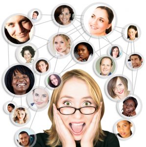 Shocked screaming young woman in glasses with her social network friends and business partners in a diagram